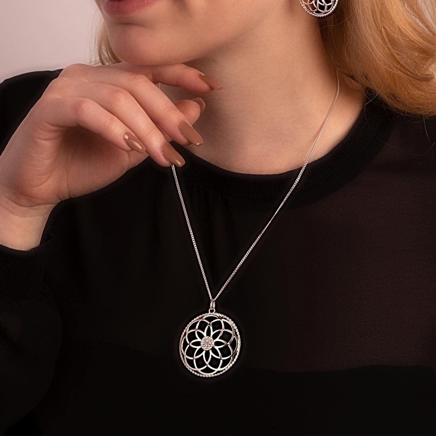 CLEVER SCHMUCK Damen Kette Blume des Lebens Silber mit viele Zirkonias gedrehtem Rand + Panzerkette 50 cm STERLING 925 im Luxus Etui