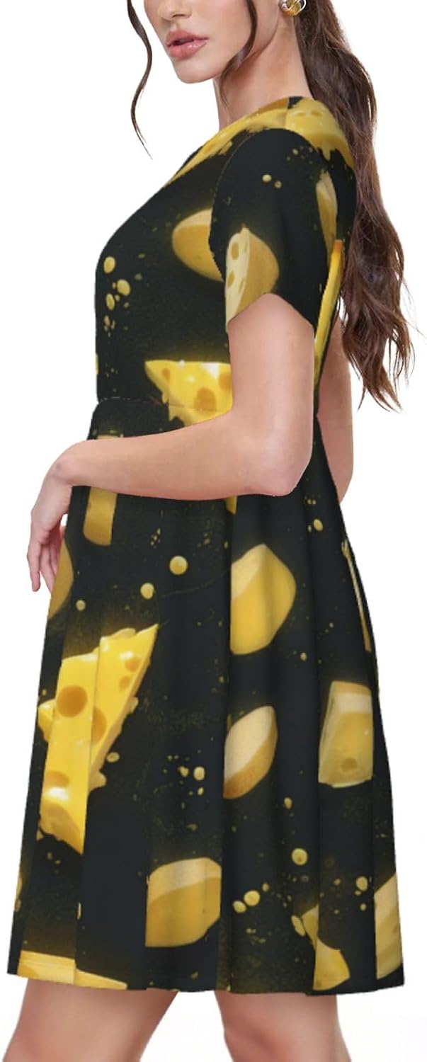 Women's Summer Dress Casual Short Sleeve Dress High Waist Knee Length Dress