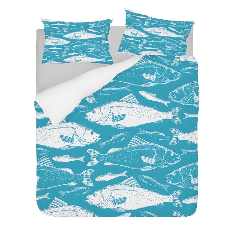 Housse de Couette 160x200 Poisson en Microfibre Douce Sans Repassage Parure de Lit pour Adolescent