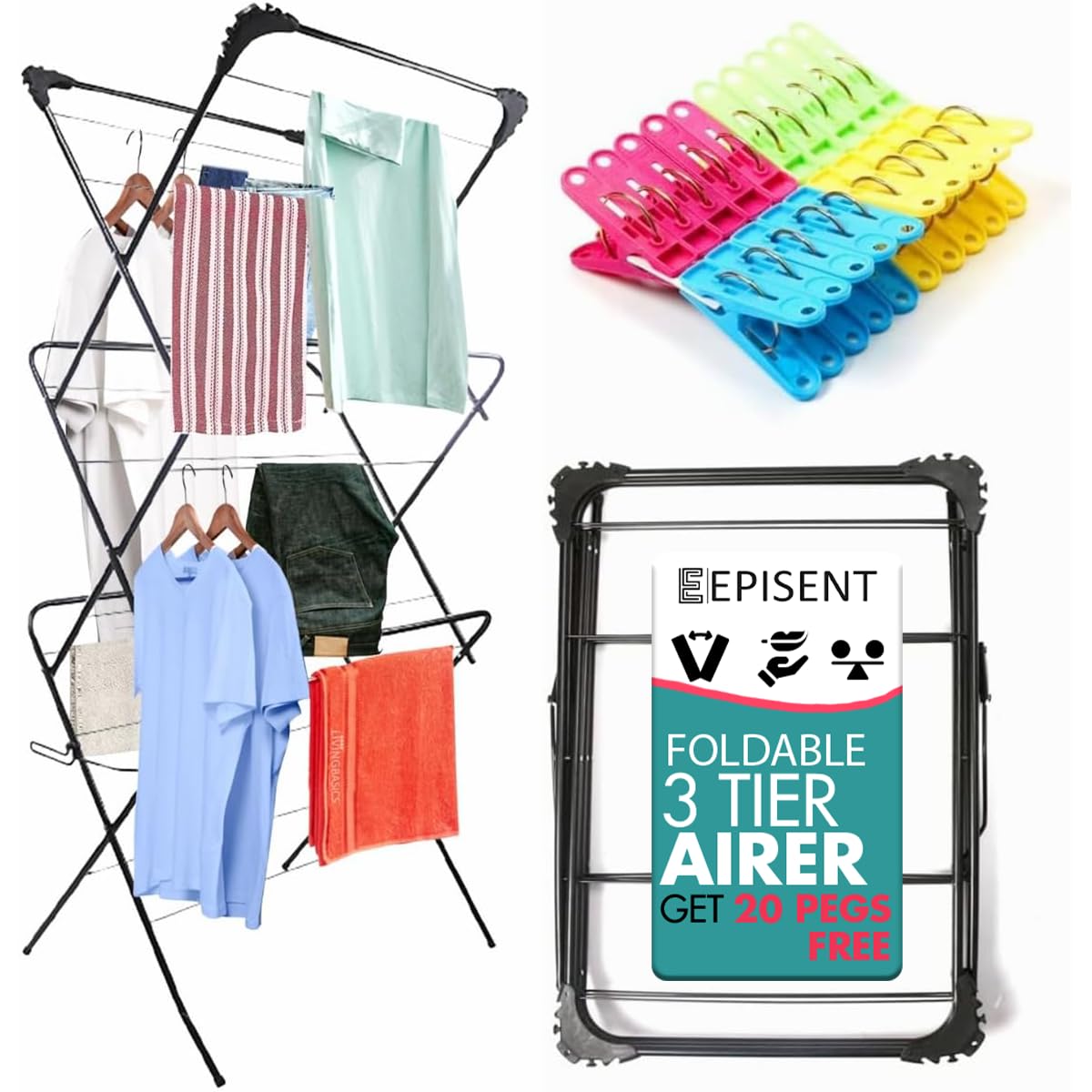 EPISENT 3 Tier Foldable Clothes Airer & Drying Rack โ Large Laundry Dryer Stand for Indoor & Outdoor Use, Space-Saving Design with Non-Slip Feet & Hanger Hooks โ Includes 20 FREE Pegs (BLACK)