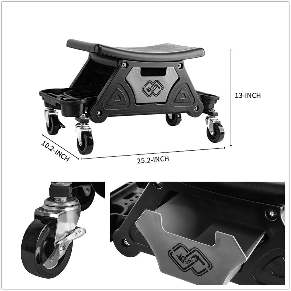 SGCB Automotive Mobile Rolling Mechanics Stool, Heavy Duty Roller Creeper Seat Chair on Brake Wheels W/Storage Drawers Tray Mechanic Stool Roller Seat for Home DIY Garage Car Detail, 220 Lbs Capacity : Automotive