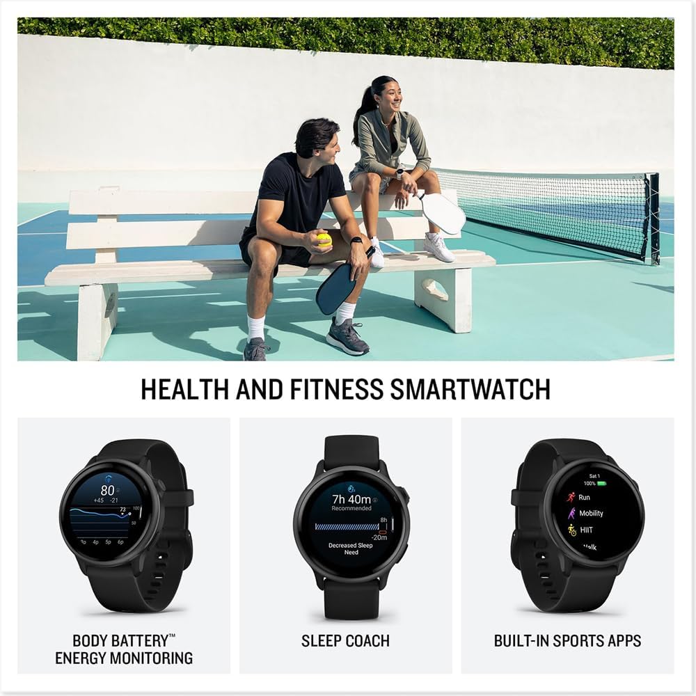 Garmin 010-02985-00 VIVOACTIVE 6 Health & Fitness GPS Smartwatch, Black with Silicone Band Bundle with Deco Essentials Charging Dock, USB Type C Charger, Silicone Dust Covers & 2X Screen Protector