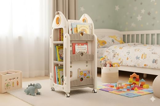 Miniture Premium Kids Rocket Shaped 360° Rotating Movable Bookshelf | Height Adjustable Shelves - Smart Design | DIY Front...