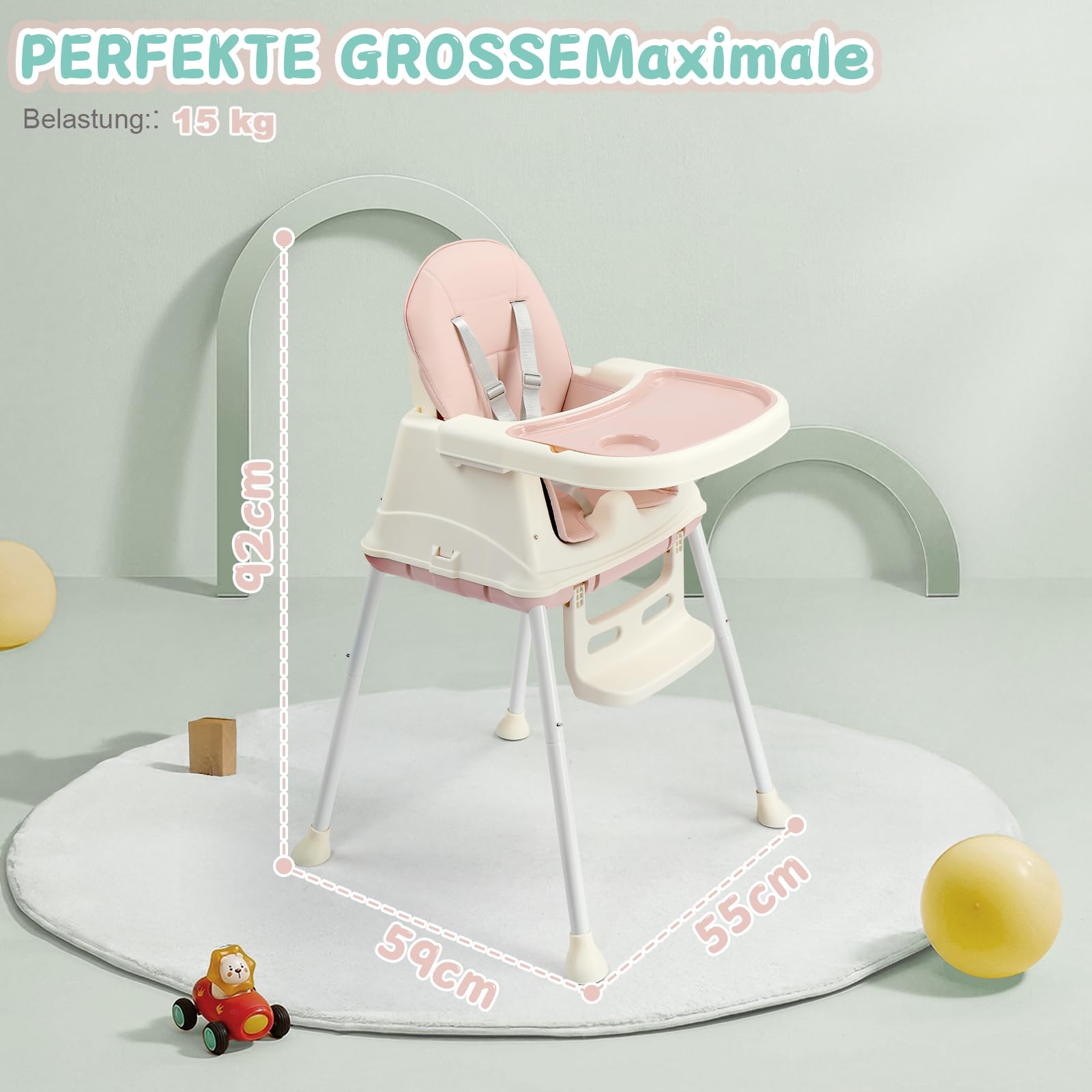 LEADZM 4 in 1 Babyhochstuhl, Umbaubar zum Laufrad und Lauflernwagen, Hochstuhl Baby mit Abnehmbares Doppeltablett und Universalrädern, Mitwachsend ab 0-36 Monate Babystuhl (Rosa)