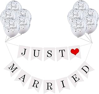 Just Married Garland Banners Just Married Wedding Bunting Banners Wedding Decorations Banners Photo Booth Props with 10 PCS White Latex Balloons for Wedding Bridal Shower Engagement Car Decoration