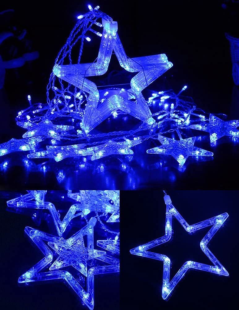 Cadena de luces LED para cortina, funciona con pilas, 2,5 m con 12 estrellas, 138 luces LED, 8 modos de luces de Navidad para árbol de Navidad, fiesta, boda, dormitorio, decoración de Navidad (azul)