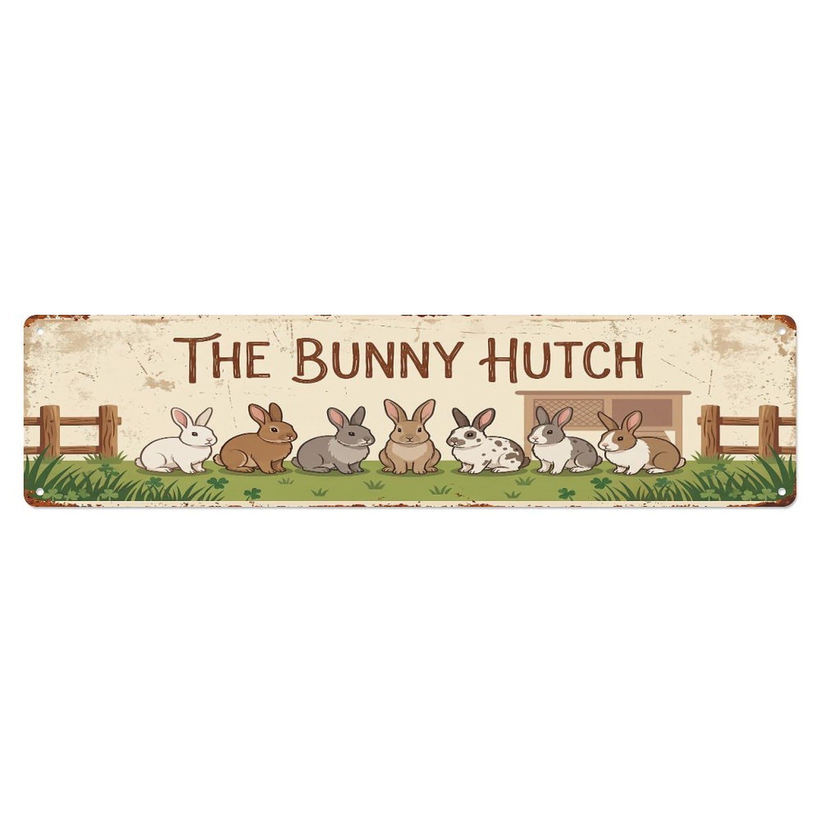Vintage Rabbit Farm Scene THE BUNNY HUTCH Metal Tin Sign