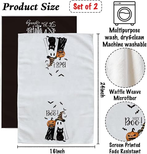 Miniatura 6 de 2 toallas de cocina de Halloween, calabazas, murciélagos, gato, Hey Boo, toalla de cocina de Halloween, decoración de temporada, toallas de mano