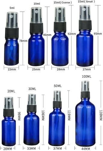 Miniatura 6 de Botellas rociadoras de vidrio para aceites esenciales, paquete de 5 botellas de spray de aceite esencial azul, botellas de vidrio pequeñas de viaje