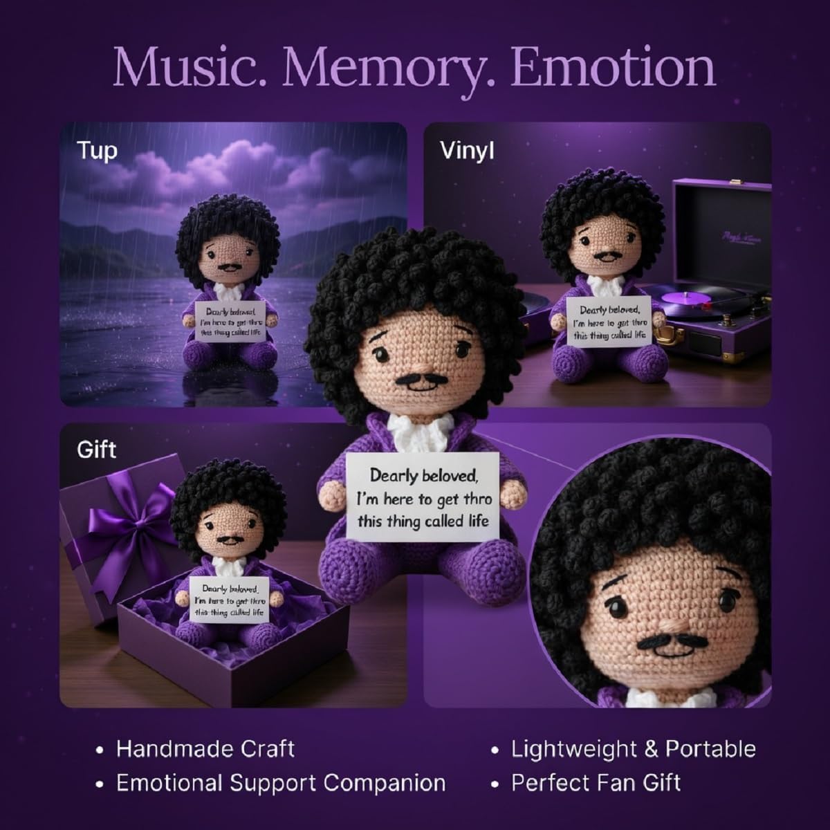 Purple Rainy Prince Positive Affirmation Emotional Support Prince Dolls, Crocheted Prince Emotional Support Doll, Handmade Small Funny Cute Encouragement Gifts, for Her Him (#Style A)