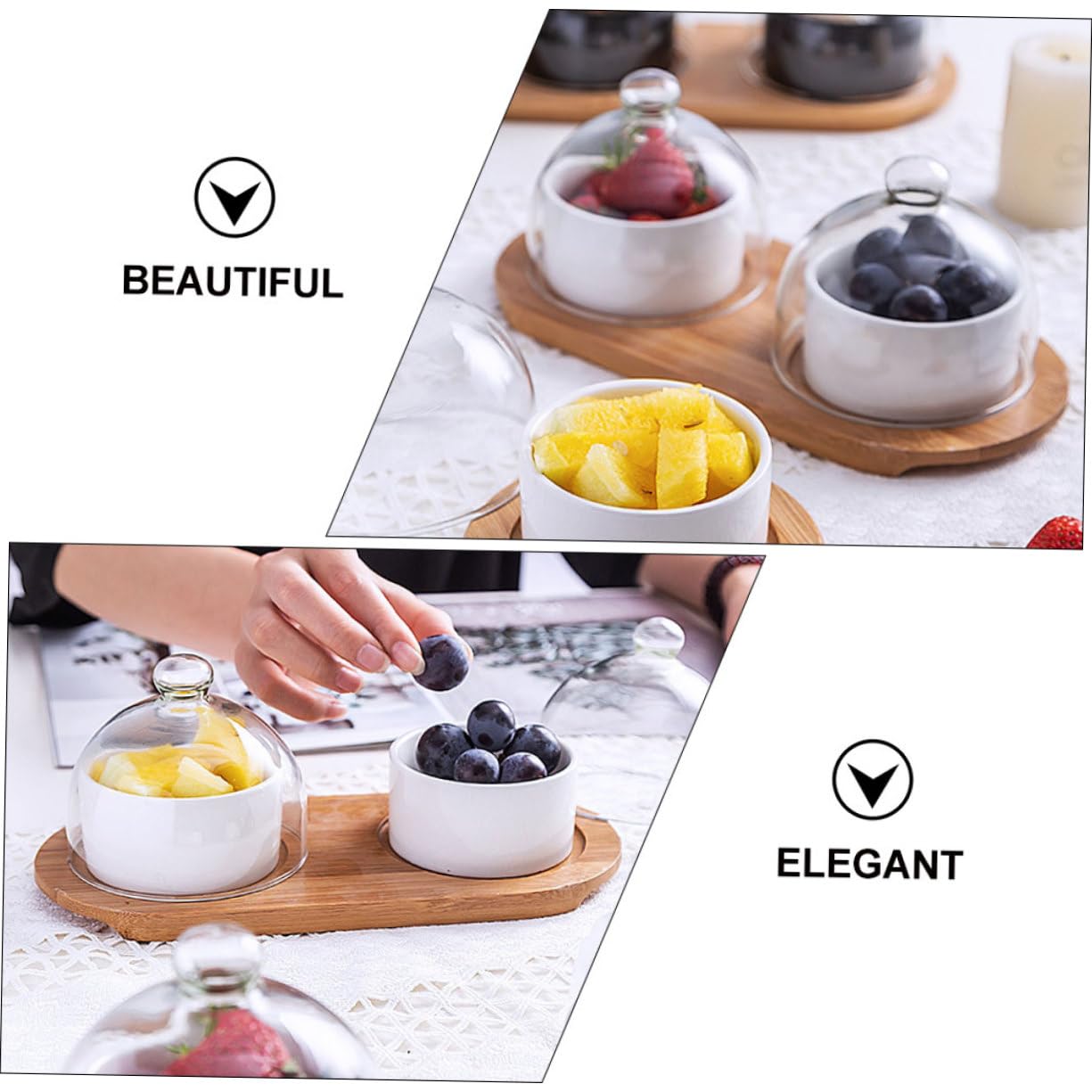 2 Juegos Bol para Postres con Tapa de Vidrio Transparente y Bandeja Cuenco para Servir Ensaladas y Aperitivos Resistente y Duradero para Regalar y Uso Diario