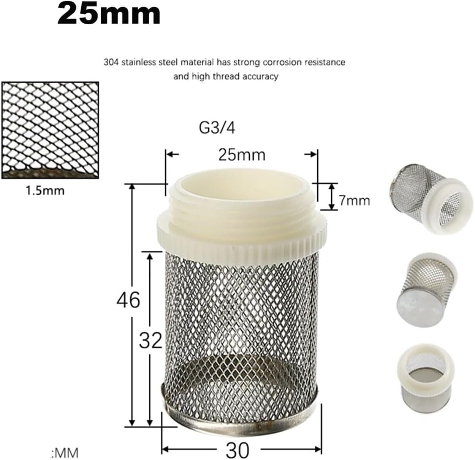 Filtros para tuberías Filtro de bomba agua acero inoxidable - Malla succión for tuberías 1/2", 3/4" y 1" for hidrolimpiadoras, riego jardines acuarios(3/4")