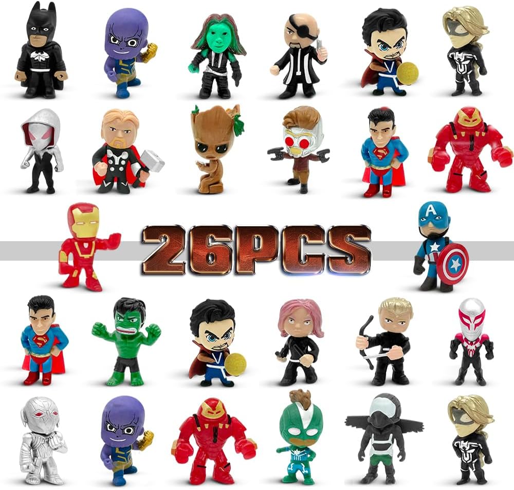 Mini Superhero Toys, 26PCS Minifigures Small Action Figures Superhero Party Birthday Decorations for Kids’ Christmas Stocking, Easter Eggs Cake Toppers Collectibles