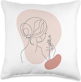Line Art Abstract Minimalist of Women Face with Rose Flower Throw Pillow