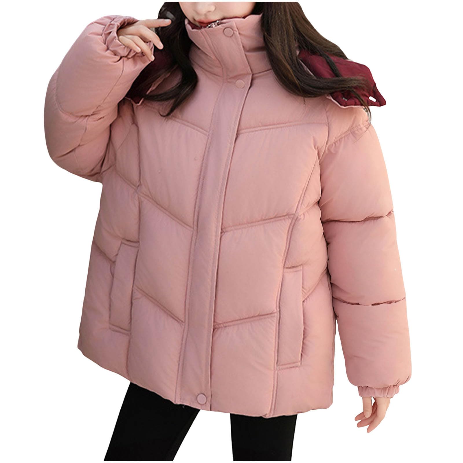 Abrigos acolchados de invierno para niñas, chaquetas gruesas acolchadas con capucha, ropa térmica cálida para clima frío, color sólido, abrigo de nieve versátil para niños de 4 a 14 años