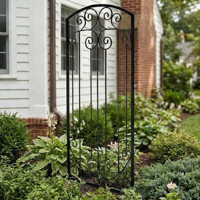 Image of H Potter Scroll Garden Trellis 72 inch H, Freestanding Heavy Duty Iron, Black | Ground spikes included. Durable powder-coated finish. Supports climbing roses, clematis, ivy and vines.