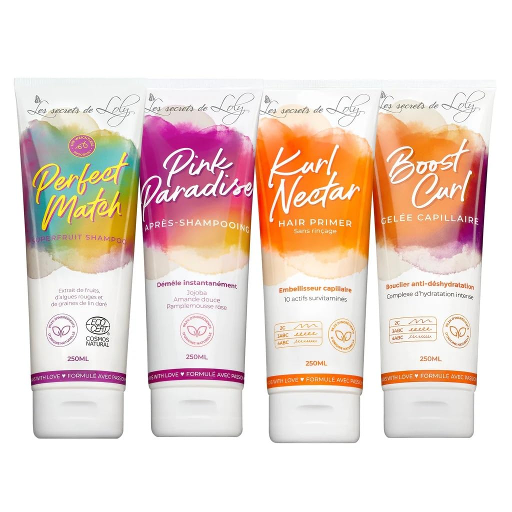Les Secrets de Loly – Locken Starter Set – Perfect Match + Pink Paradise + Kurl Nectar + Boost Curl – Komplette Routine – Welliges bis lockiges Haar – 4 x 250 ml