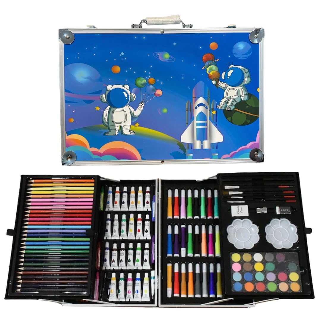 Toy Rush Art Colour Set 145 Pcs Art Kit with Multiple Coloring Kit, Drawing Color Pencils, Water Colors, Sketches and Acrylic Paint Brush for Aluminum Box (Astronaut Balloons)