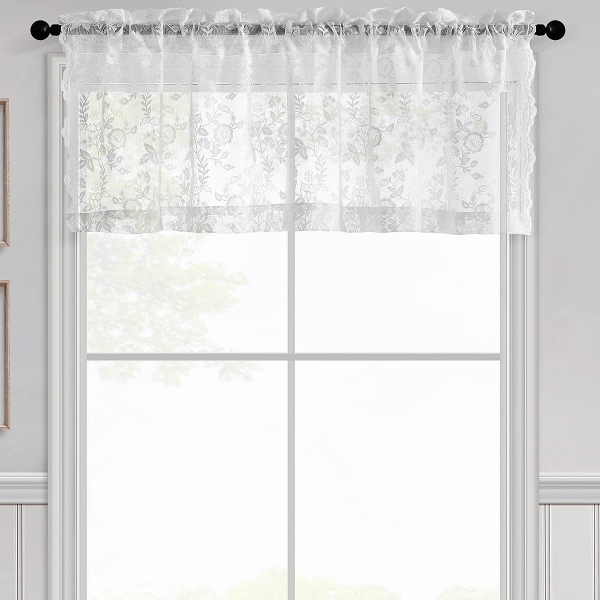 FINECITY White Lace Valance Curtain for Kitchen Window, Short Cafe Curtain 18 Inch Length for Small Windows, Rod Pocket Vintage Floral Lace Sheer Window Valance Curtain, 52 x 18 Inch, 1 Panel, White