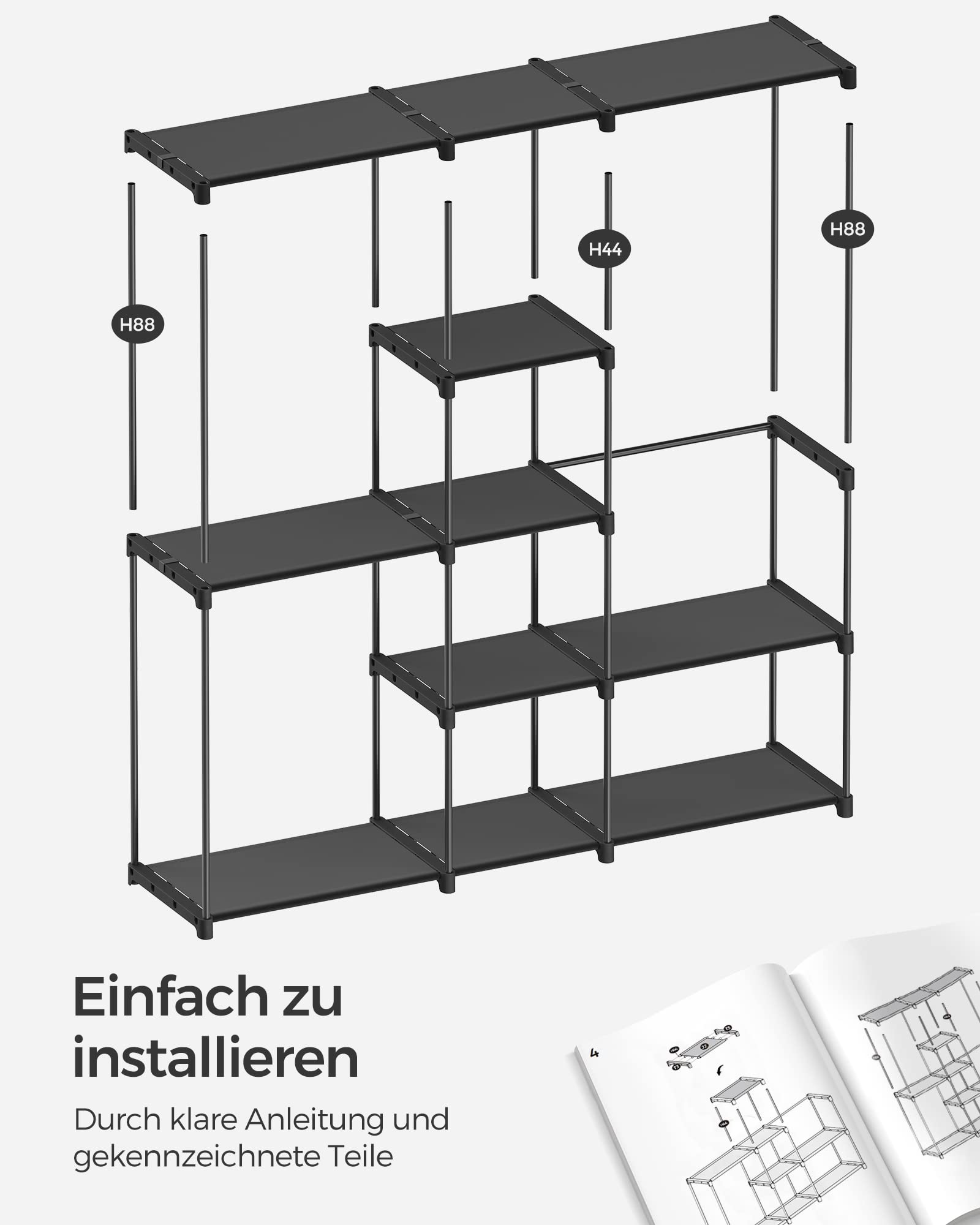 SONGMICS Kleiderschrank, Kleiderständer, freistehende Garderobe, mit Kleiderstangen, Garderobenständer, Stoffablagen, Metallrahmen, 182 x 43 x 182 cm, tintenschwarz RYG037B02