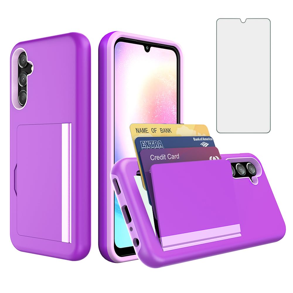 Asuwish Phone Case for Samsung Galaxy A24 4G/5G with Tempered Glass Screen Protector Cover and Cell Accessories Card Holder Slot Kickstand Slim Wallet Protective A 24 24A LTE G4 G5 Women Men Purple