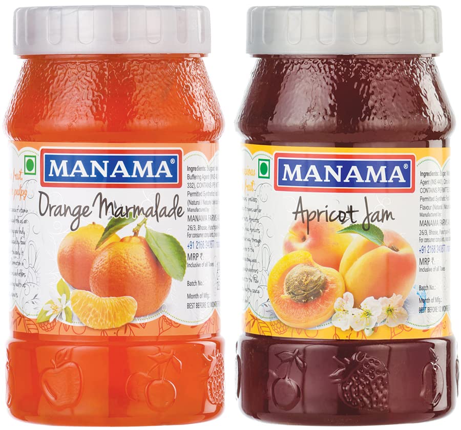 Manama Orange Marmalade and Apricot Fruit Jam, 500GMS Each, Pack of 2