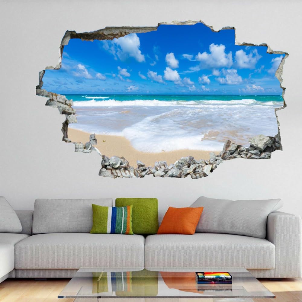 Sticker Mural 3D Décor De Chambre Décalcomanie De Chambre À Coucher Plage Tatouage Mural Ciel Bleu Et Nuages Blancs Autocollant De Décor Pour La Décoration Intérieure Art Fenêtre Peintures Murales