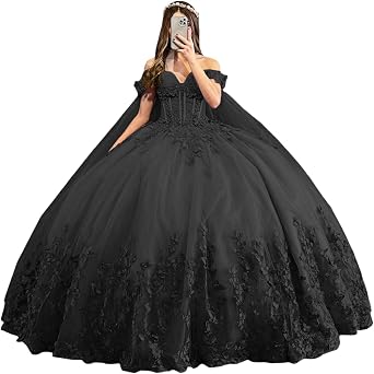 فساتين Mouccy بريق 3 D فراشة Quinceanera مع كيب الدانتيل تول الحلو 15 16 فساتين قبالة الكتف مطرز فساتين حفلة موسيقية طويلة