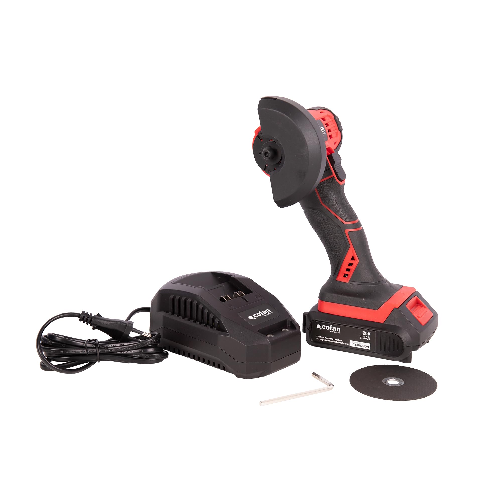 Cofan Mini amoladora a batería | Potencia: 20 V | Adecuada para discos de 76 mm | 19.500 rpm | Empuñadura de 3 posiciones | Compacta y ligera | Batería y cargador incluidos