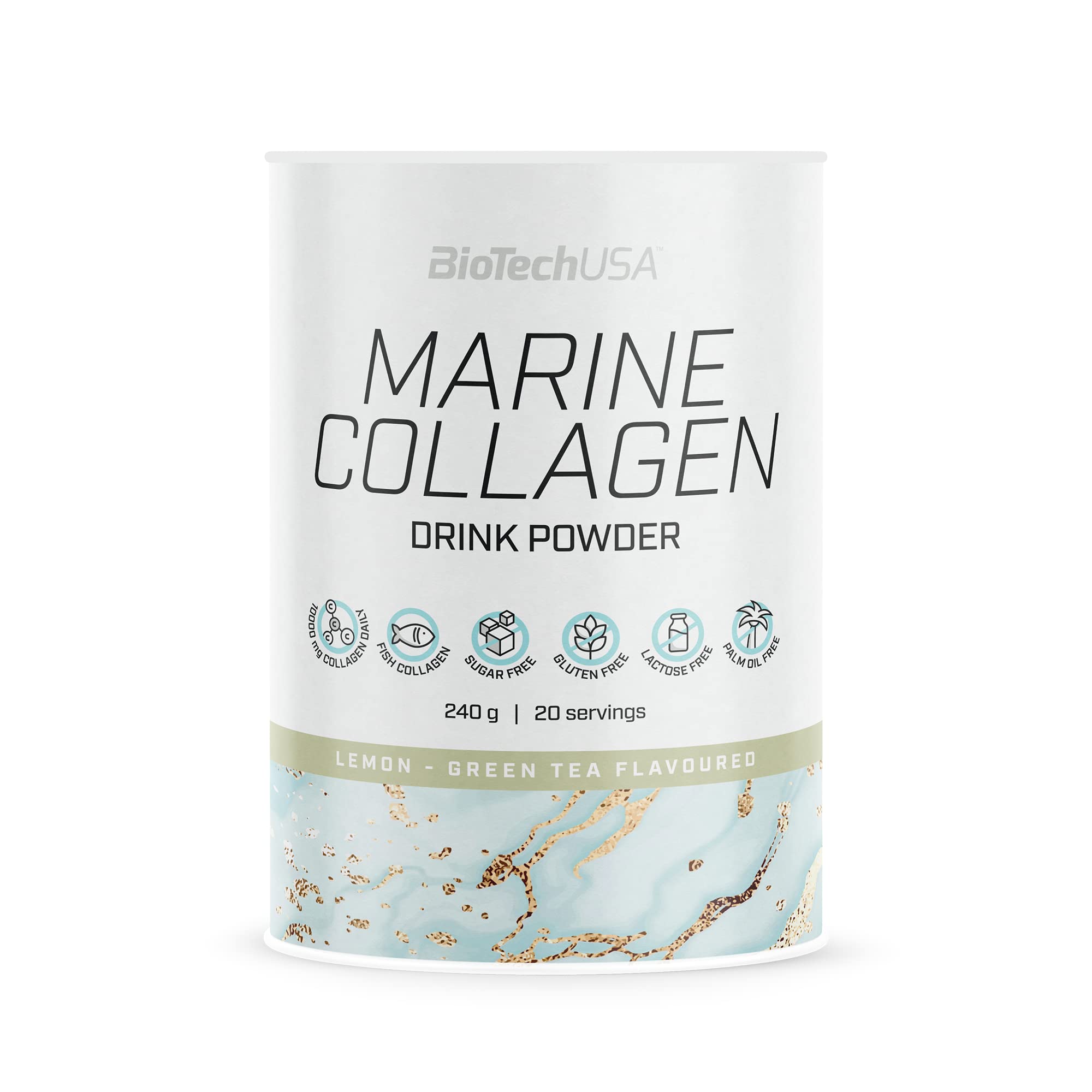 BioTechUSA Marine Collagen, Flavoured Drink Powder containing Fish Collagen, Vitamin C, 240 g, Green Tea-Lemon