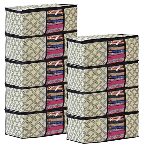 Image of Non-Woven Saree Covers with Zipper and Transparent Window - Clothes Storage Bag for Wardrobe Organization (Yellow Black, PACK OF 9)