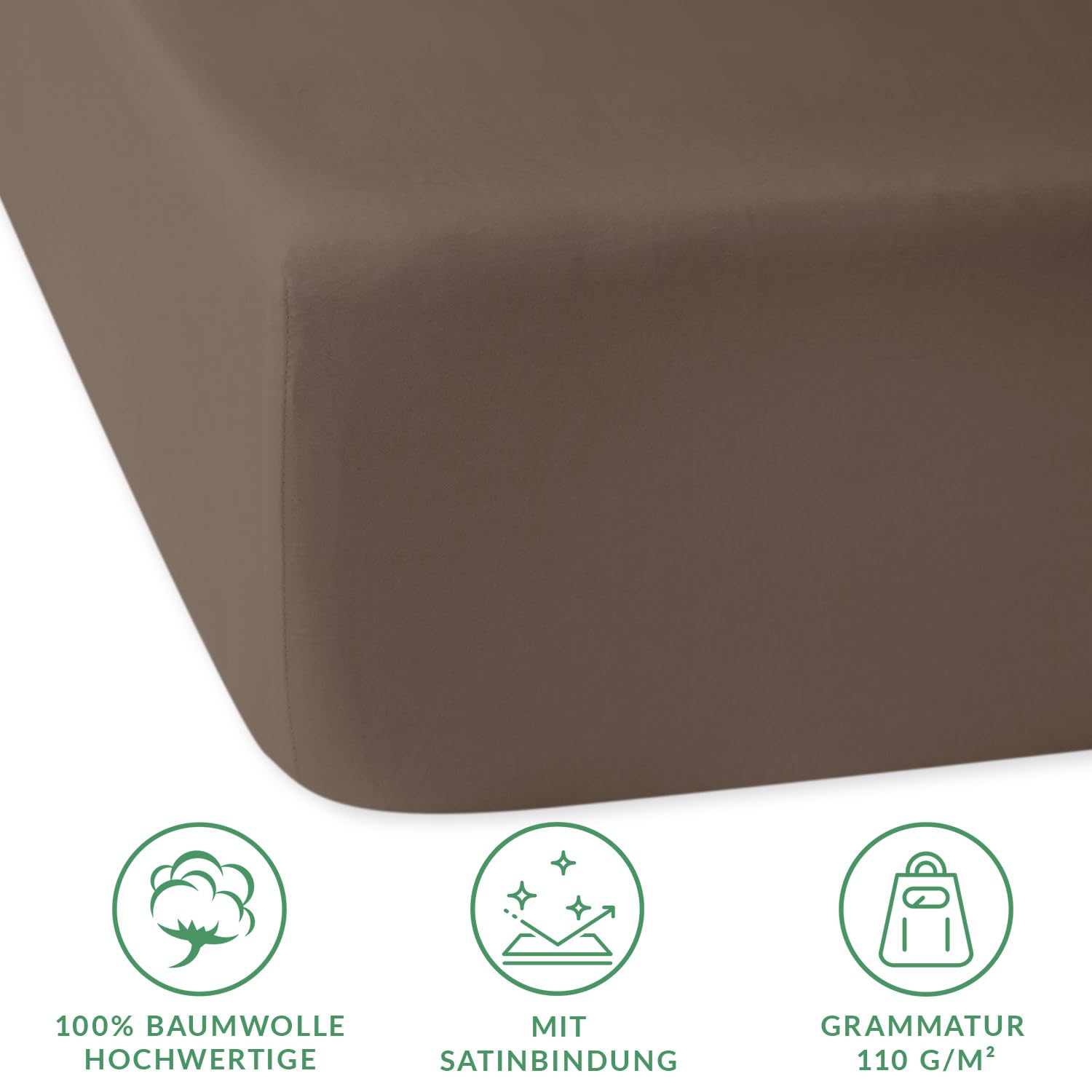 Darymex 3X Spannbettlaken, Baumwoll-Satin, 140x200 cm, bis 20 cm, Sepia