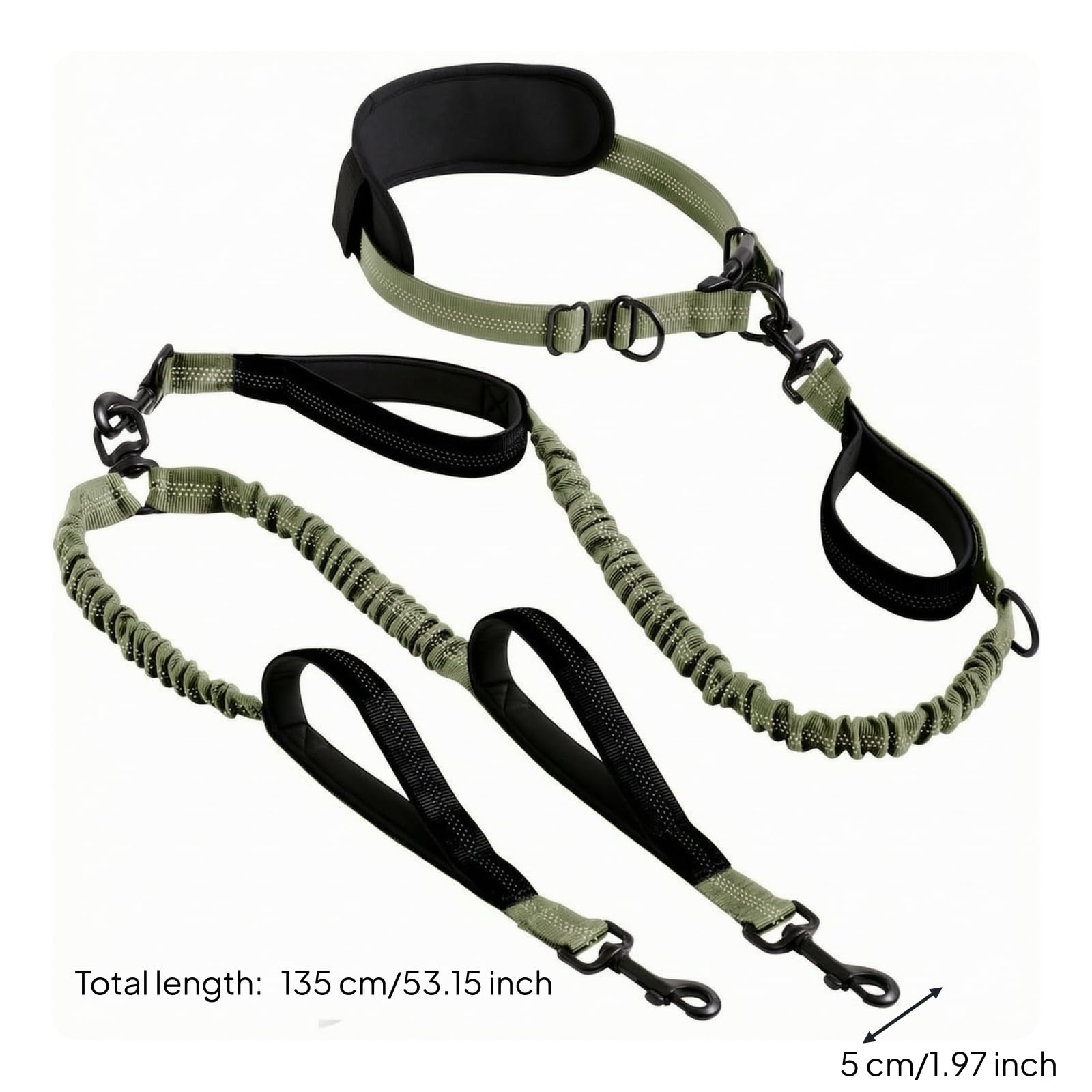 Guinzaglio a Doppia Testa Guinzaglio Cintura d Guinzaglio Elastico con Bungee Guinzaglio per Cani con Cintura in Vita con Maniglie per Controllo, Verde Militare