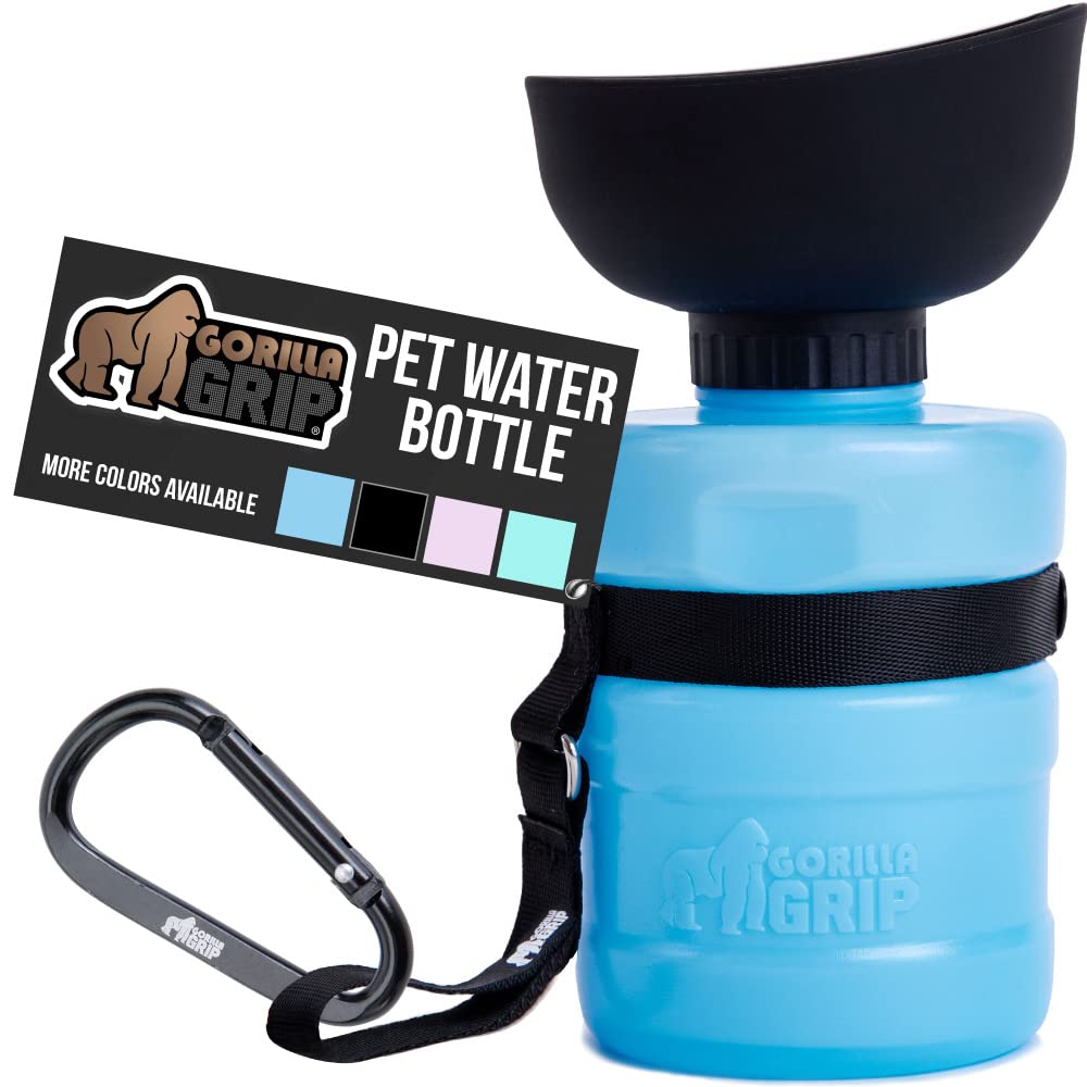Gorilla Grip Leak Proof Portable Dog Water Bottle, 16oz, Multifunction Design with Bowl Cap, Food Grade Silicone, Dogs Drink Dispenser, for Puppy Walks, Traveling, Hiking, Keep Pets Hydrated, Blue