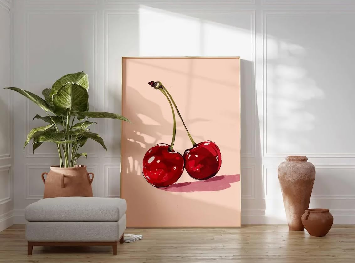 EPLKJHRTU Minimalist Blush Cherry Canvas WALL ART PRINT DECOR Watercolor Fruit Painting Accent for Home Office(70x100cm/Frameless)