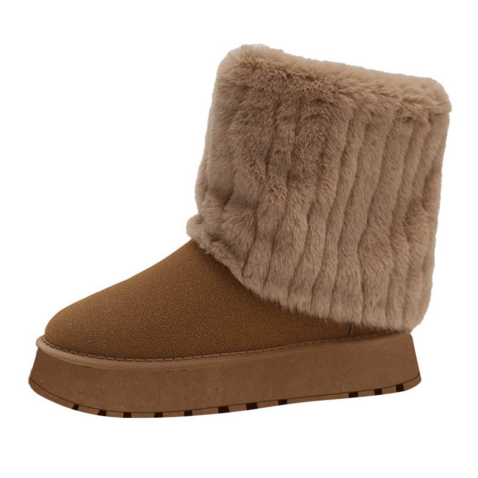 Womens Winter Snow Boots Fuzzy Fleece Warm Mid-Calf Boot Lounge Round Toe Slip-On Booties Comfy Flat Shoes