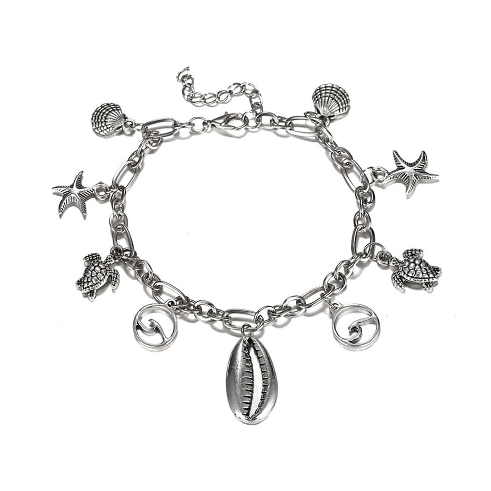Fußkettchen für Damen, silberfarben, Strand-Design, Fußkettchen mit Muscheln und Schildkröten-Anhängern, Beinkette, Fußkettchen für Damen, Schmuck, Accessoires, Fußkettchen für Damen