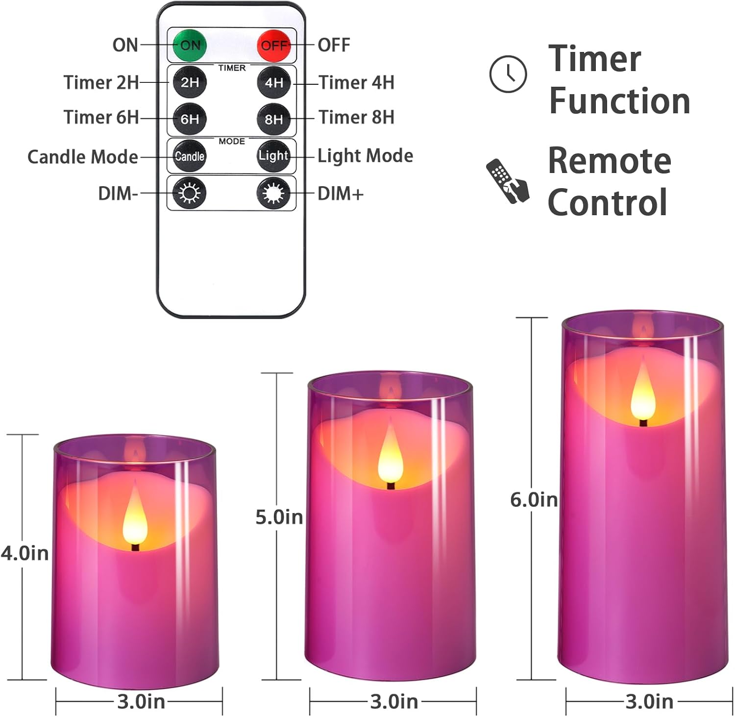 NURADA Flameless Candles: 3D Wick Unbreakable Acrylic Battery Operated LED Pillar Candles - Battery Candles with Remote and Timer for Table Wedding Centerpieces Party Decor 3 Pack Purple