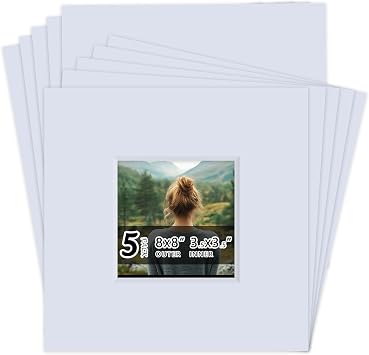 Falling in Art 5 Pack Acid Free 8x8 White Picture Mats Board Show Kit for 4x4 Photos, 4-Ply Beveled Pre-Cut Photo Mats with Backing Board for Frames, Artwork and Prints