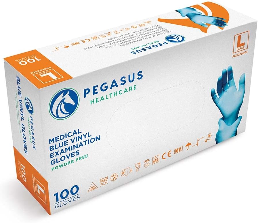 Pegasus Healthcare Blue Disposable Vinyl Medical Examination Gloves Powder & Latex Free (Large)