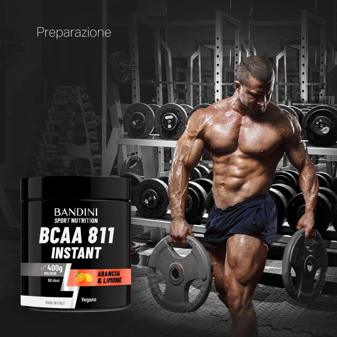 Bandini® BCAA POWDER 8 1 1 Integratore di Aminoacidi Ramificati in rapporto 8:1:1 da 400g - Polvere Aromatizzata al gusto di ARANCIA e LIMONE - Palestra, Sport, Pre Intra e Post Workout - 100% Vegan