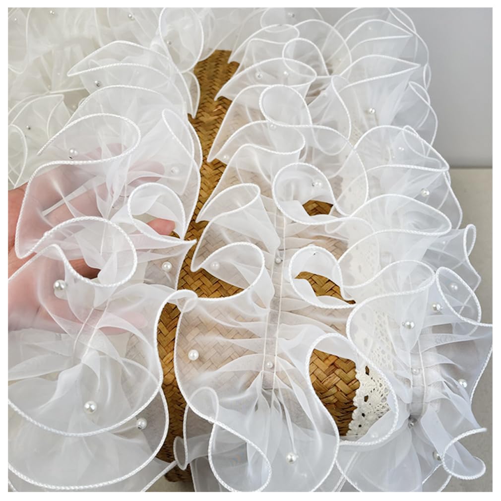 9,1 m de ruban organza plissé avec volant en dentelle et perles - Ruban en organza en dentelle de tulle pour applications sur vêtements, couture, bricolage - Blanc 2#
