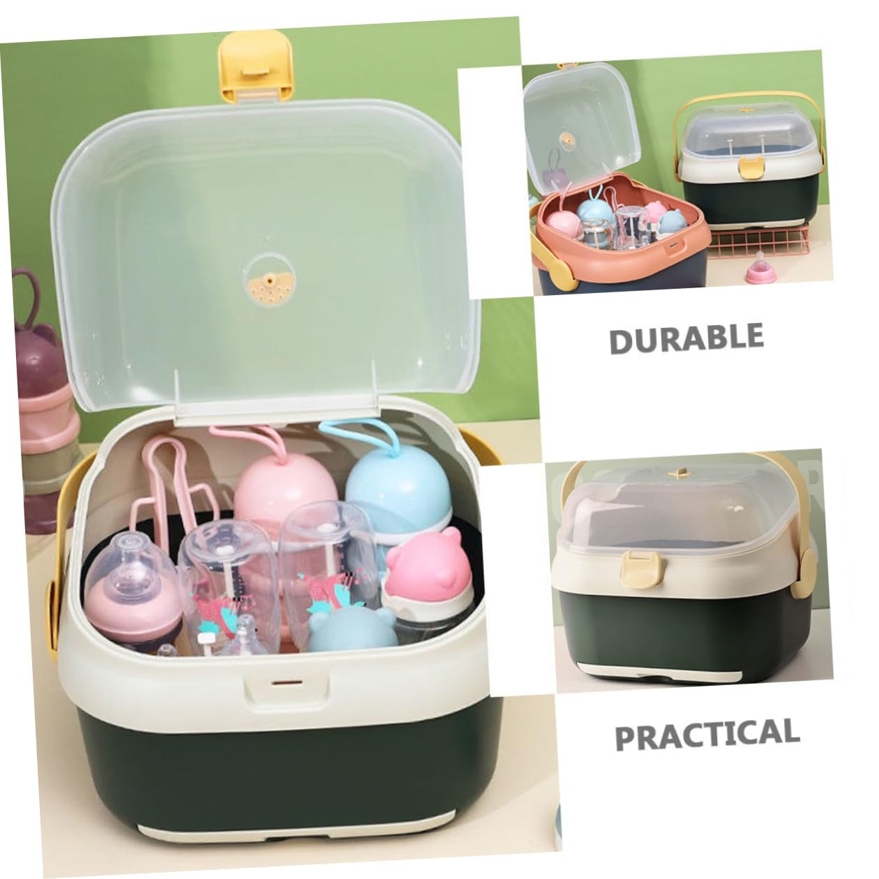 HEMOTON Babyflaschen aufbewahrungsbox Groß mit Deckel Staubdicht Babyflaschen trockengestell mit Ablage für Babytassen und Milchflaschen Küchenorganizer Grün weiß