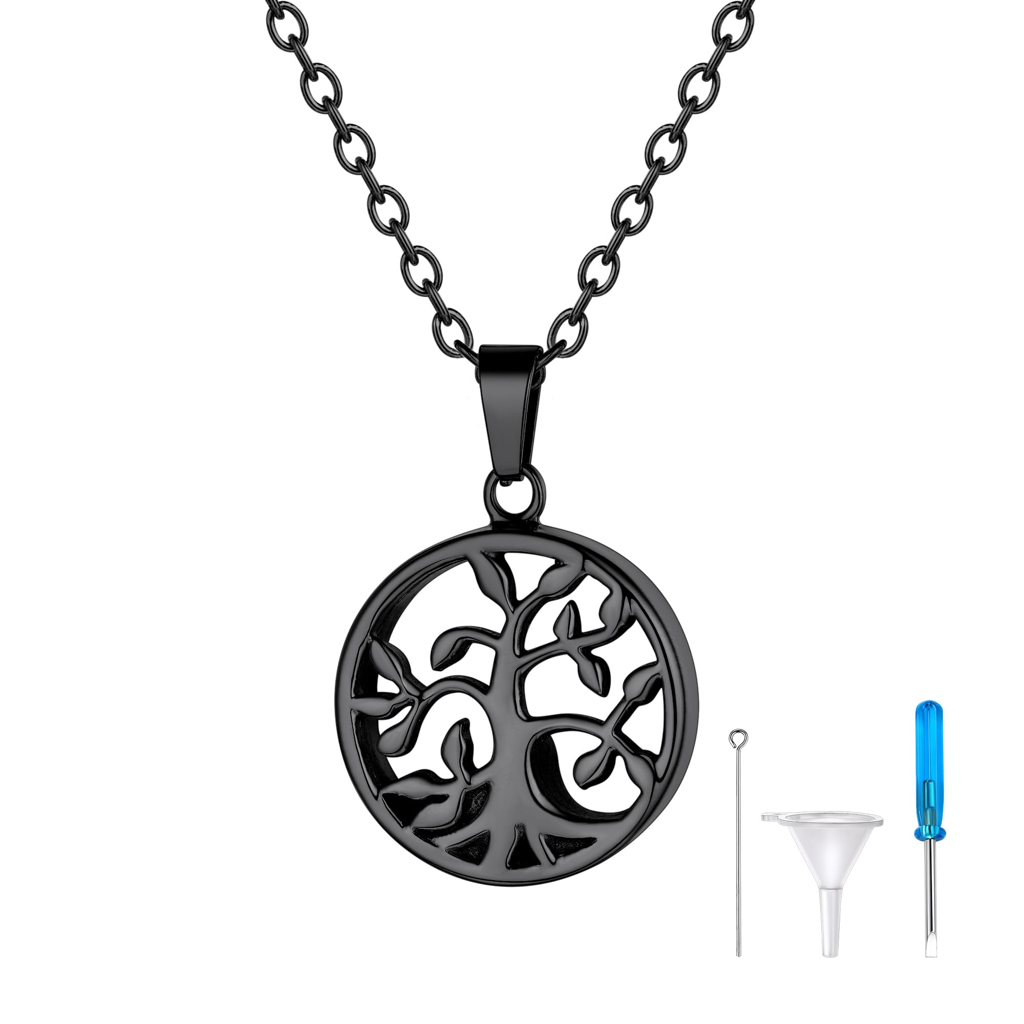 Richsteel Halskette mit Urne, personalisierbar, Anhänger Baum des Lebens, aus Edelstahl, 46 + 5 cm, Kette + Füll-Set für Damen und Herren
