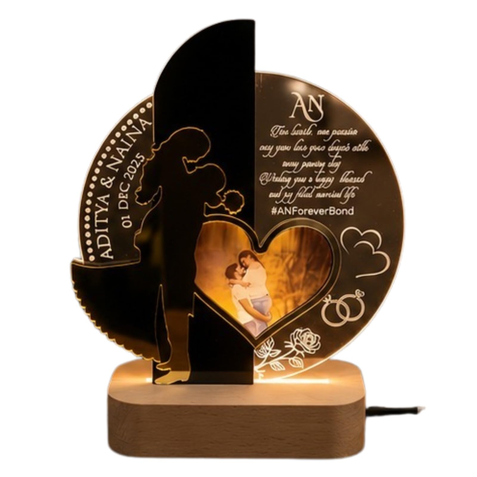 Personalized Anniversary LED Acrylic Photo Lamp with Wooden Base Custom Couple Name Plaque Engraved Heart Photo Frame Romantic Night Light Wedding Engagement Valentine Gift for Husband Wife-image-7