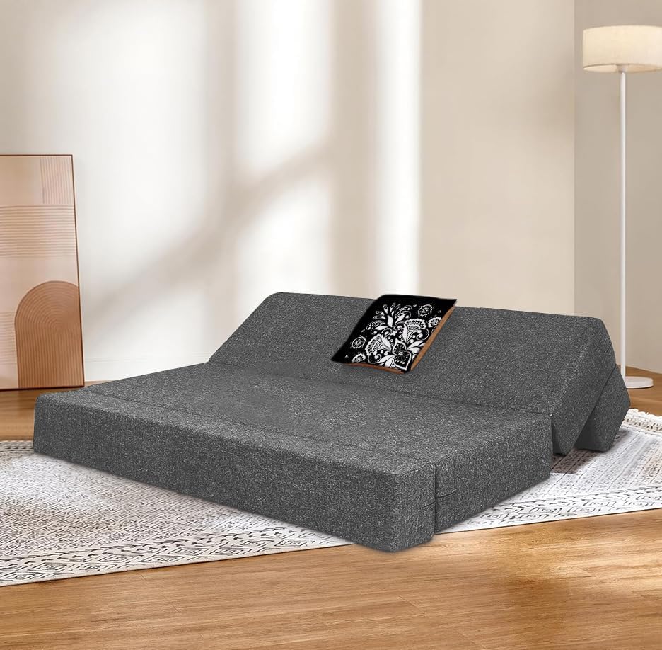 Image of Rosebell 1-Seater Sofa Cum Bed with One Printed Cushion - Space-Saving Convertible Sofa for Living Room & Office, Guest Room - Grey Color