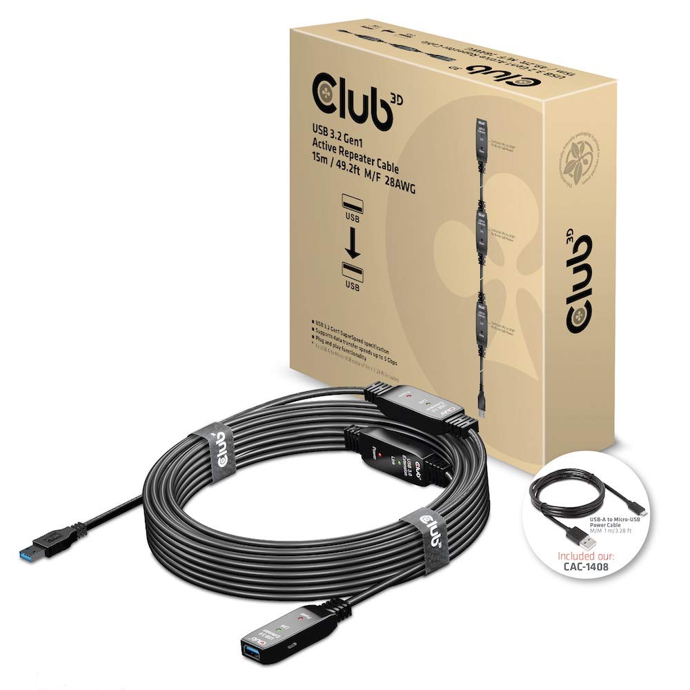 15m Club 3D CAC-1406 USB 3.2 Gen1 Active Repeater Cable, Male to Female, Upto 5G