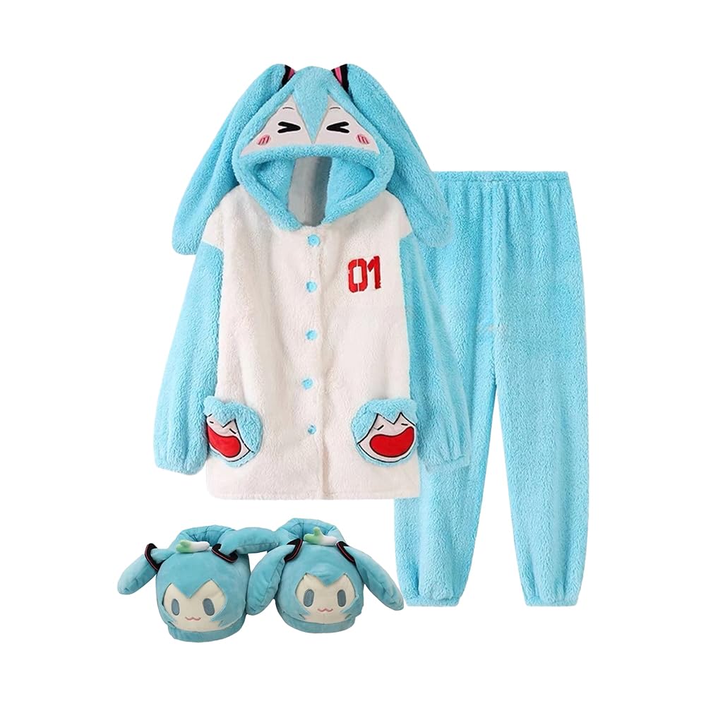 Zhongkaihua Miku Pajamas Set Women Cosplay Costume Coral Fleece Thickened Hooded Sleepwear Cute Miku Homewear Anime Nightwear Lounge Set