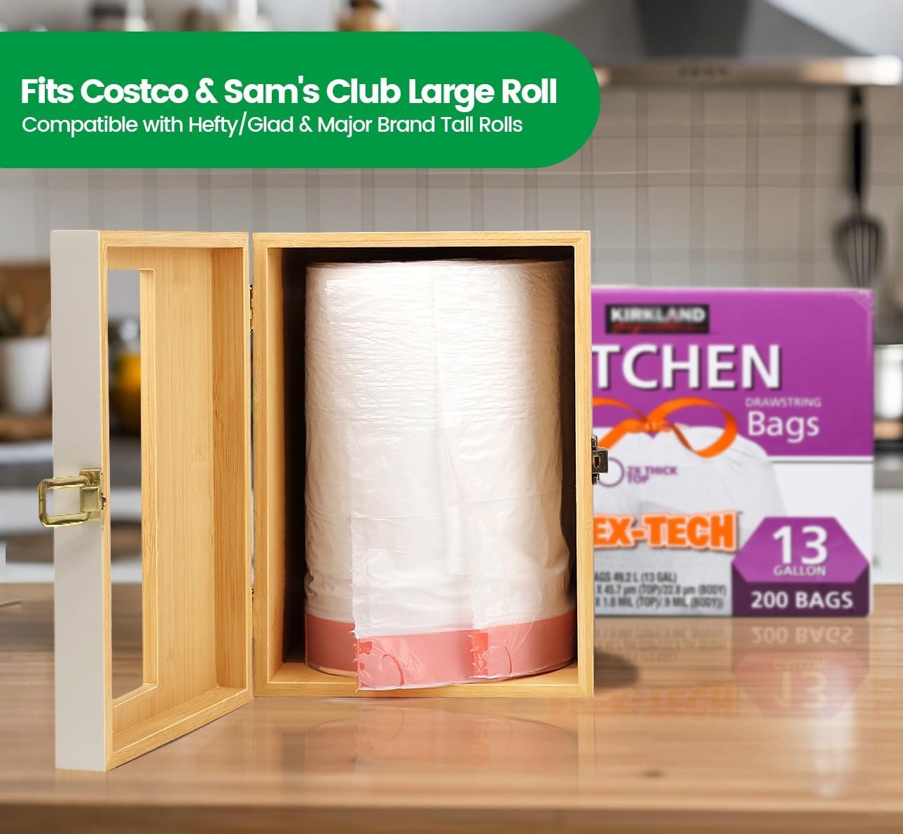 Libreshine Large White Bamboo Trash Bag Holder for Costco & Sam's Club image 2