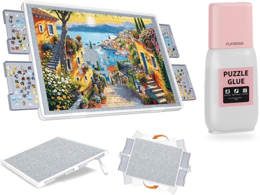 1500 Pieces 2-in-1 Tilting & Rotating Puzzle Board Puzzle Glue with Built-in Brush